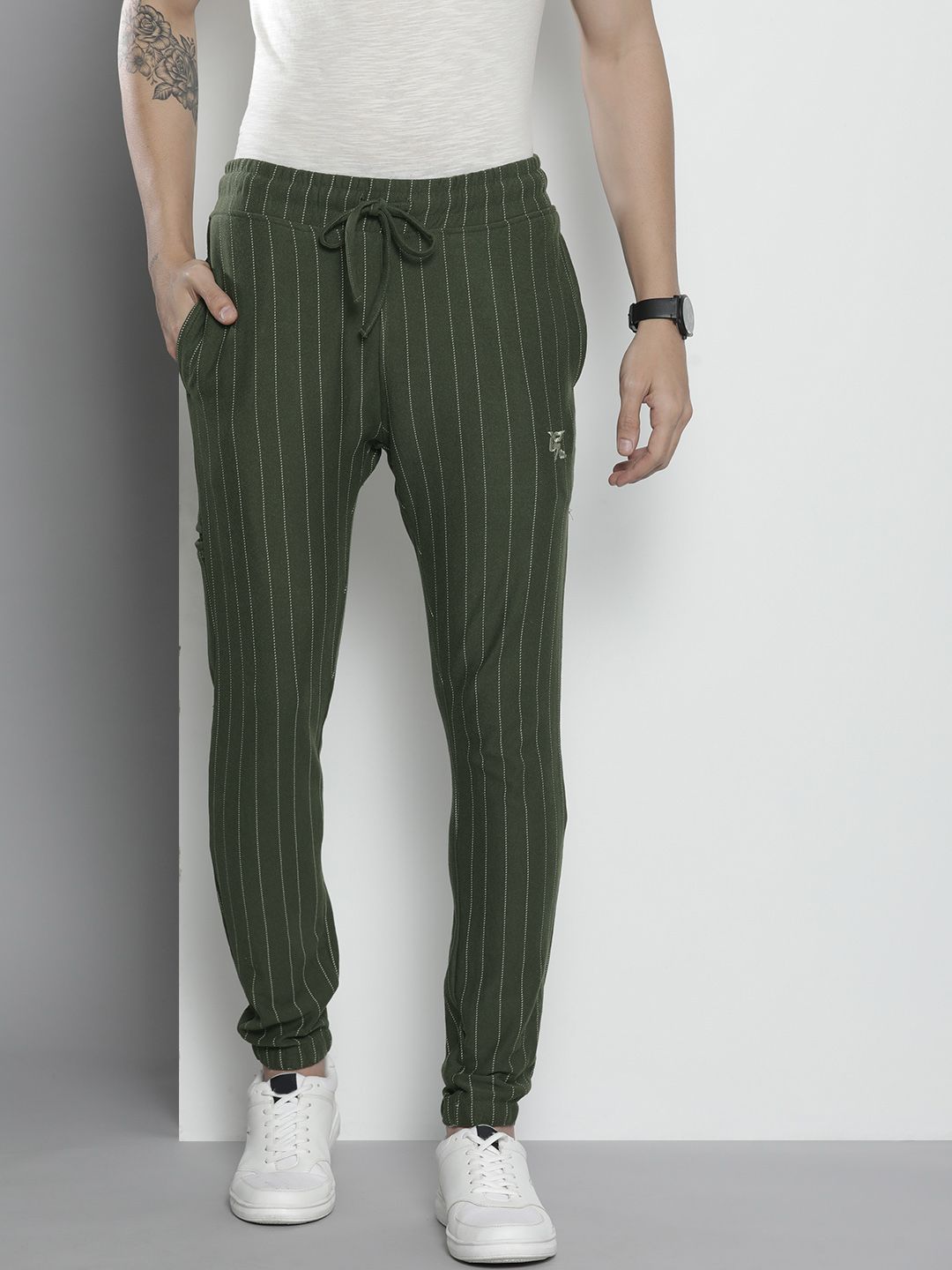 The Indian Garage Co Men Olive Striped Joggers
