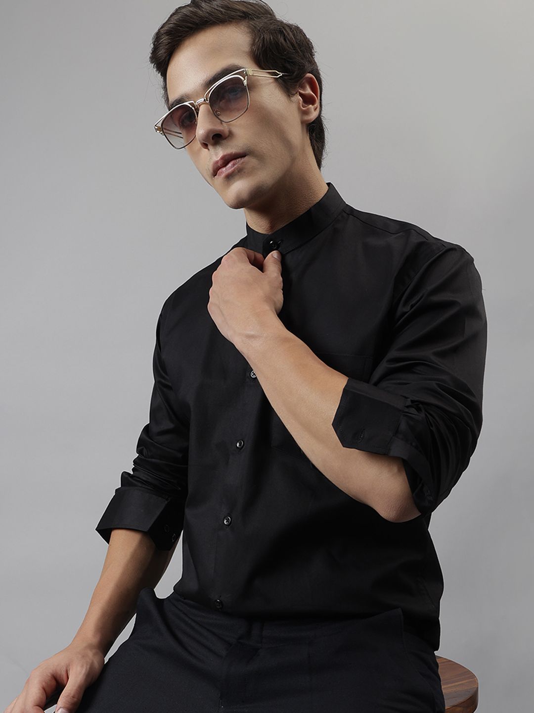 Hancock Men Black Solid Satin Slim Fit Pure Cotton Tuxedo Formal Shirt