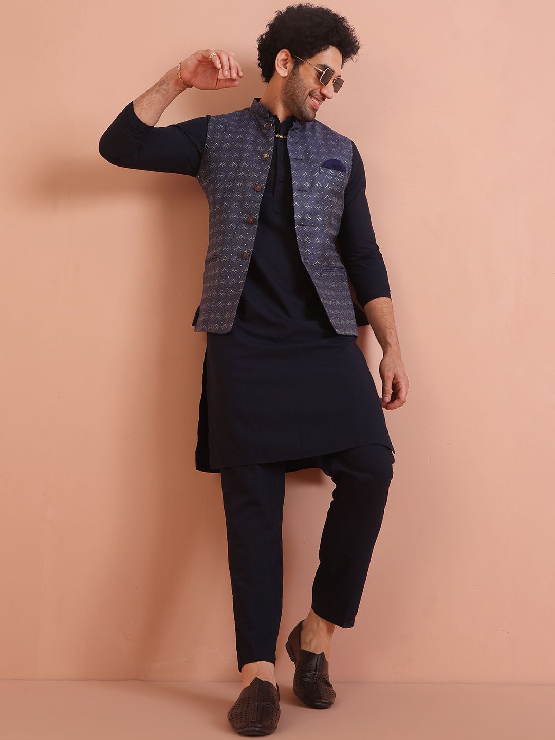 KISAH Straight Kurta with Trousers & Embellished Nehru Jacket