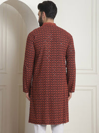SOJANYA Mandarin Collar Geometric Printed Cotton Thread Work Kurta