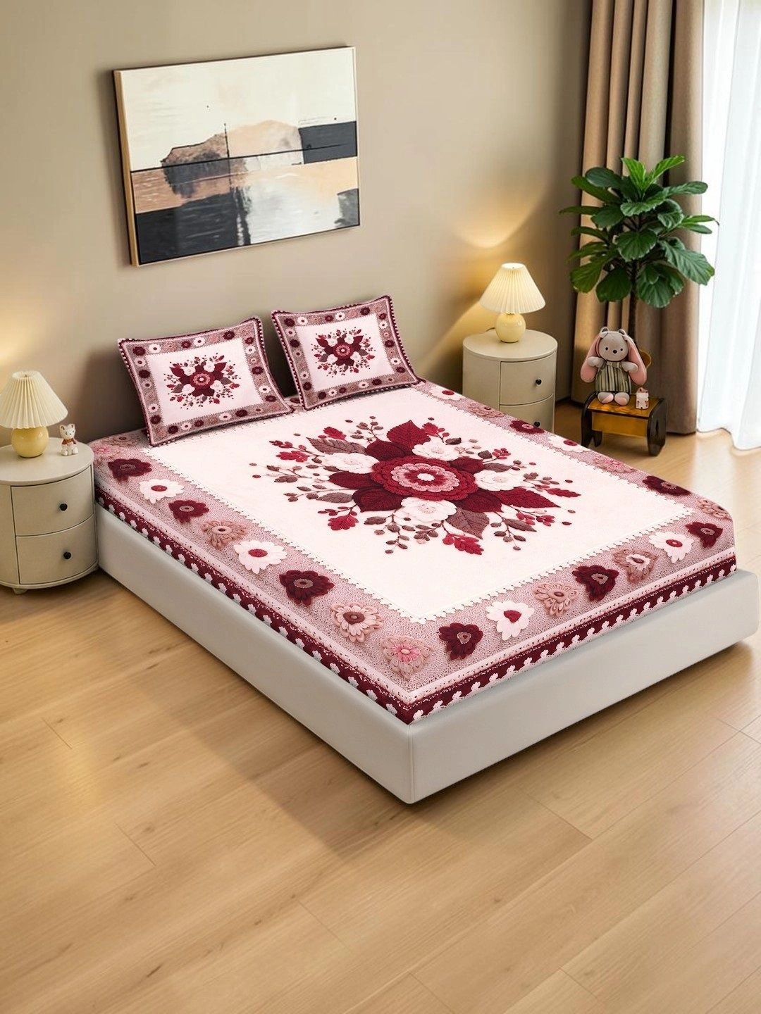 KLOTTHE Maroon & Pink Floral 400 TC King Bedsheet with 2 Pillow Covers