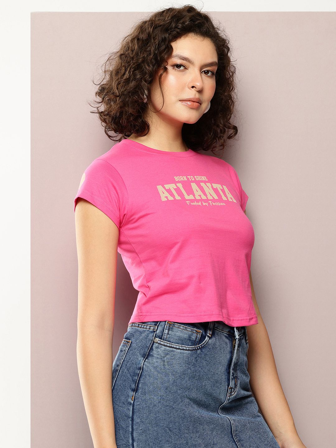 DILLINGER Women Regular Cropped Fit Printed Crew Neck Tshirt