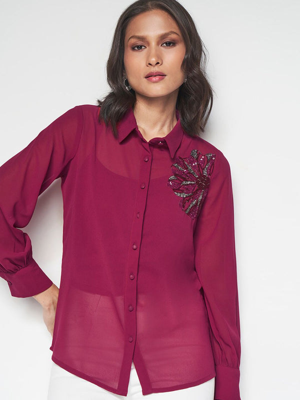 AND Spread Collar Embellished Detail Shirt Style Top