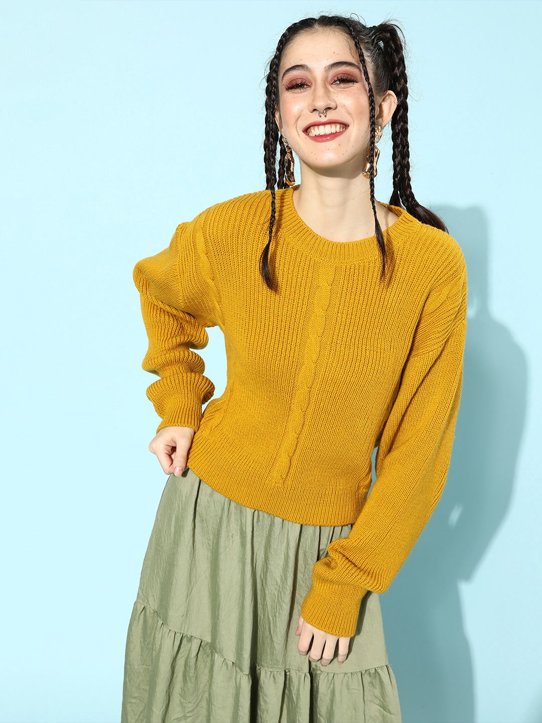 STREET 9 Women Mustard Yellow Acrylic Pullover
