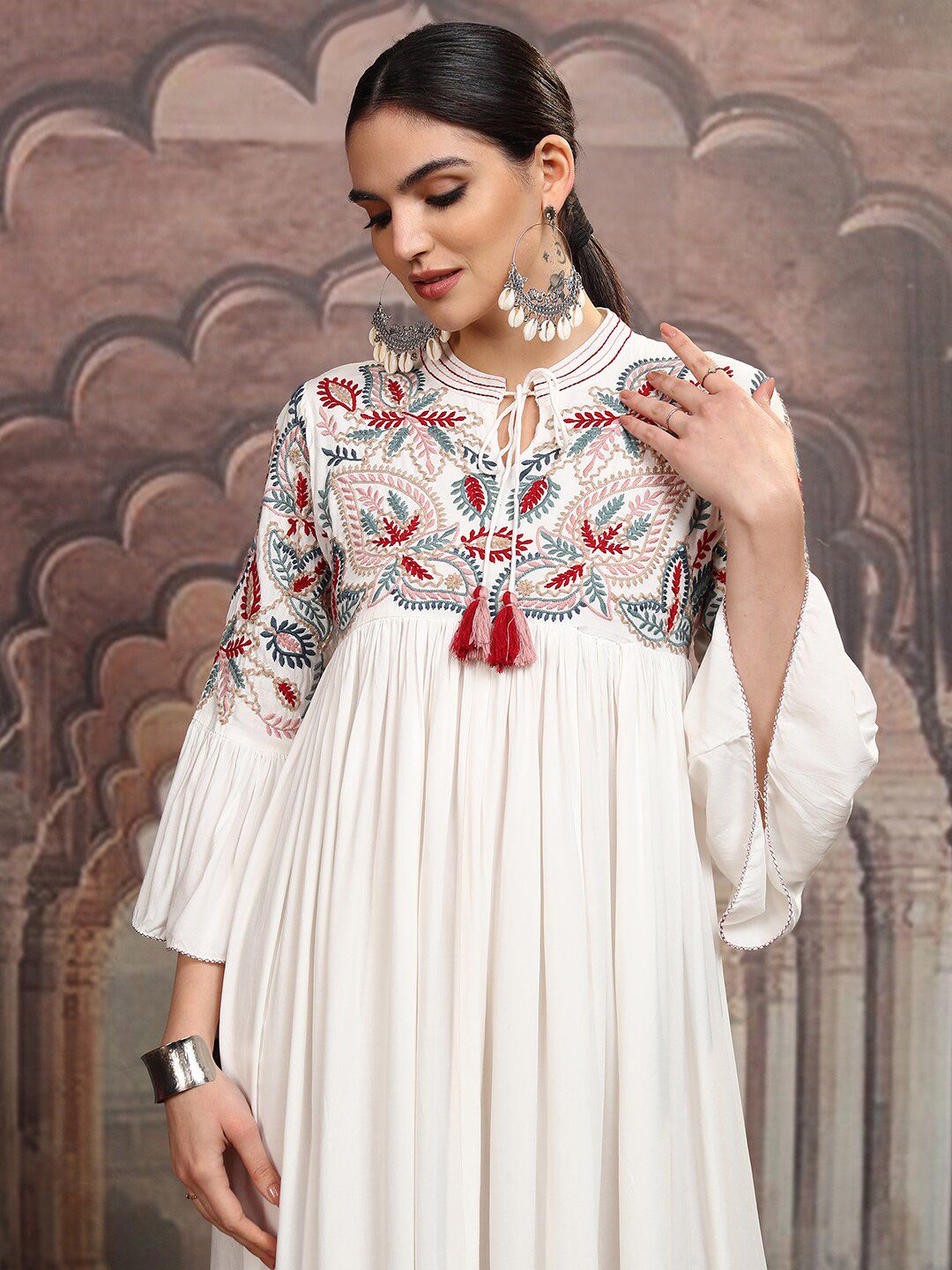 Vishudh White Floral Embroidered Tie-Up Neck Flared Sleeves Velvet A-Line Midi Dress