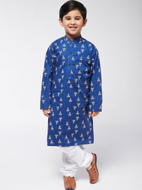 SOJANYA Boys Blue & White Quirky Printed Mandarin Collar Cotton Straight Kurta