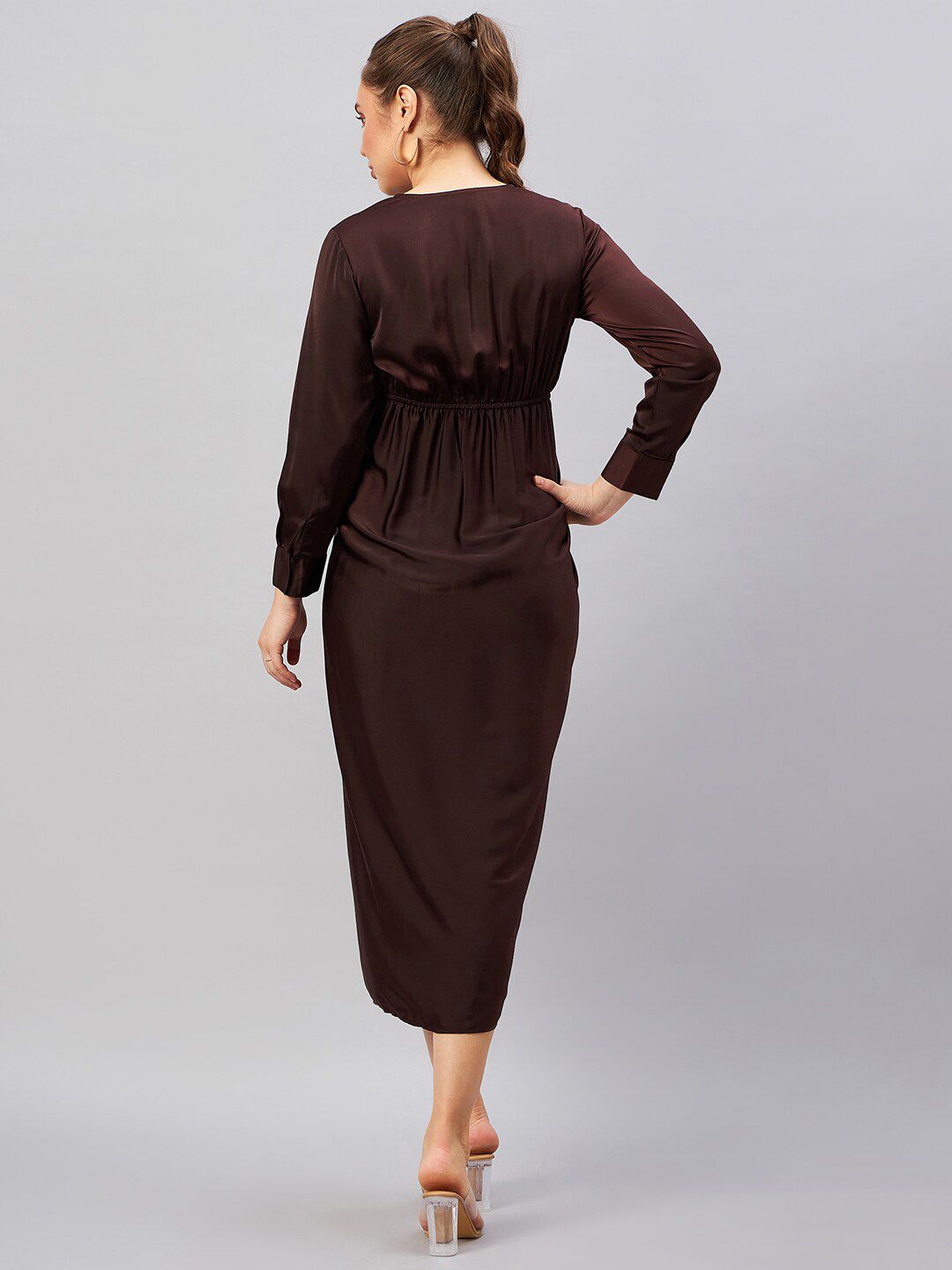 Antheaa Brown V-Neck Long Cuffed Sleeves Satin Wrap Midi Dress