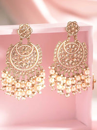 Rubans 22K Gold Plated AD Studded Handcrafted Long Chandbali with Cream-Colored Pearls
