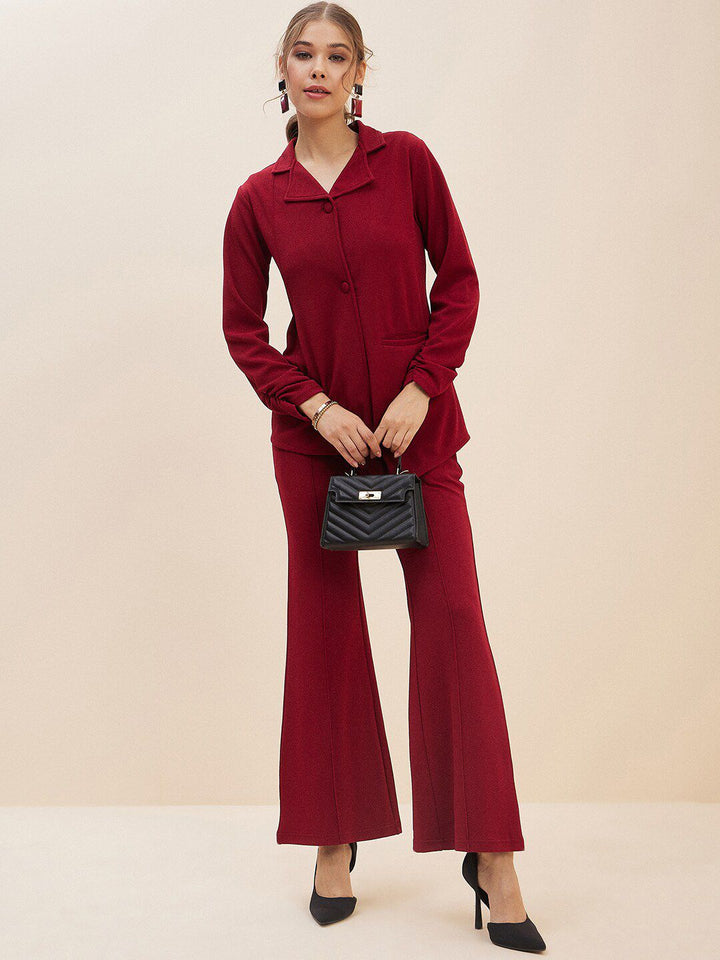 Antheaa Red Lapel-Collar Shirt & Flared Trousers