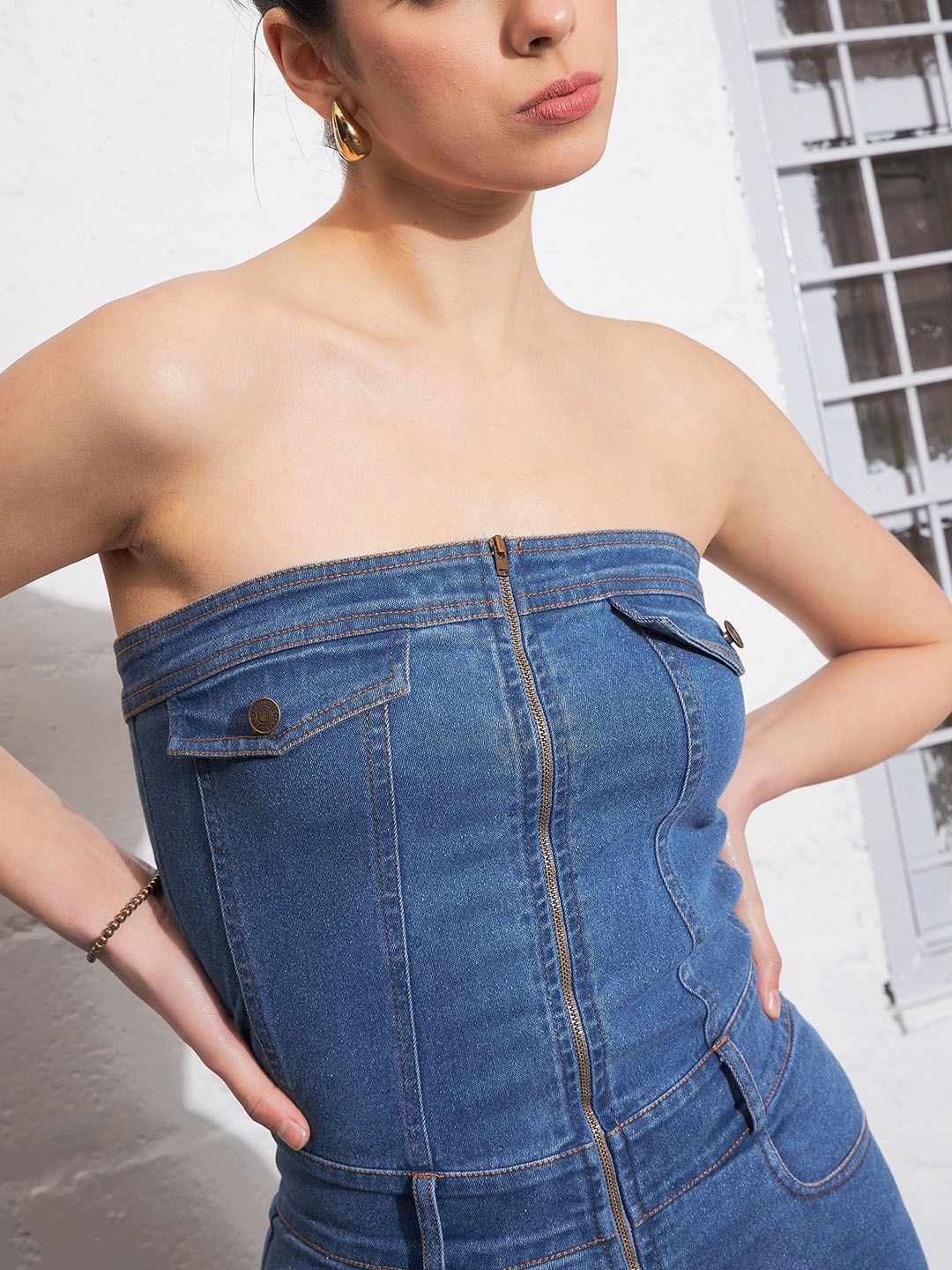 SASSAFRAS Strapless Denim Corset Jumpsuit