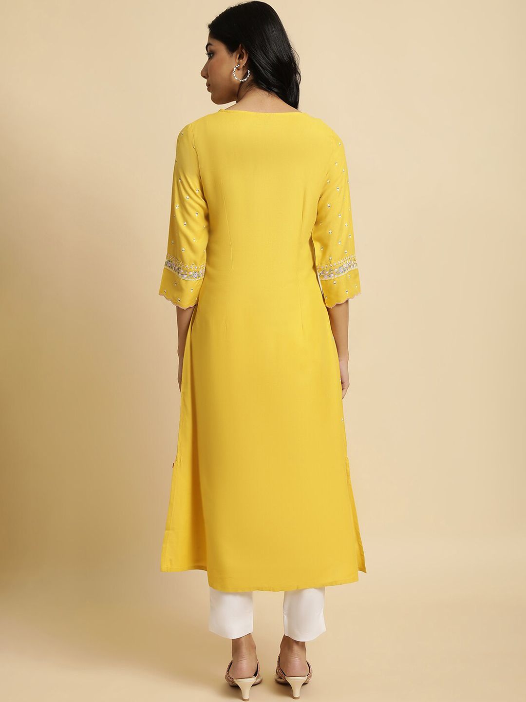 W Yellow & Pink Floral Printed Keyhole Neck A-Line Kurta