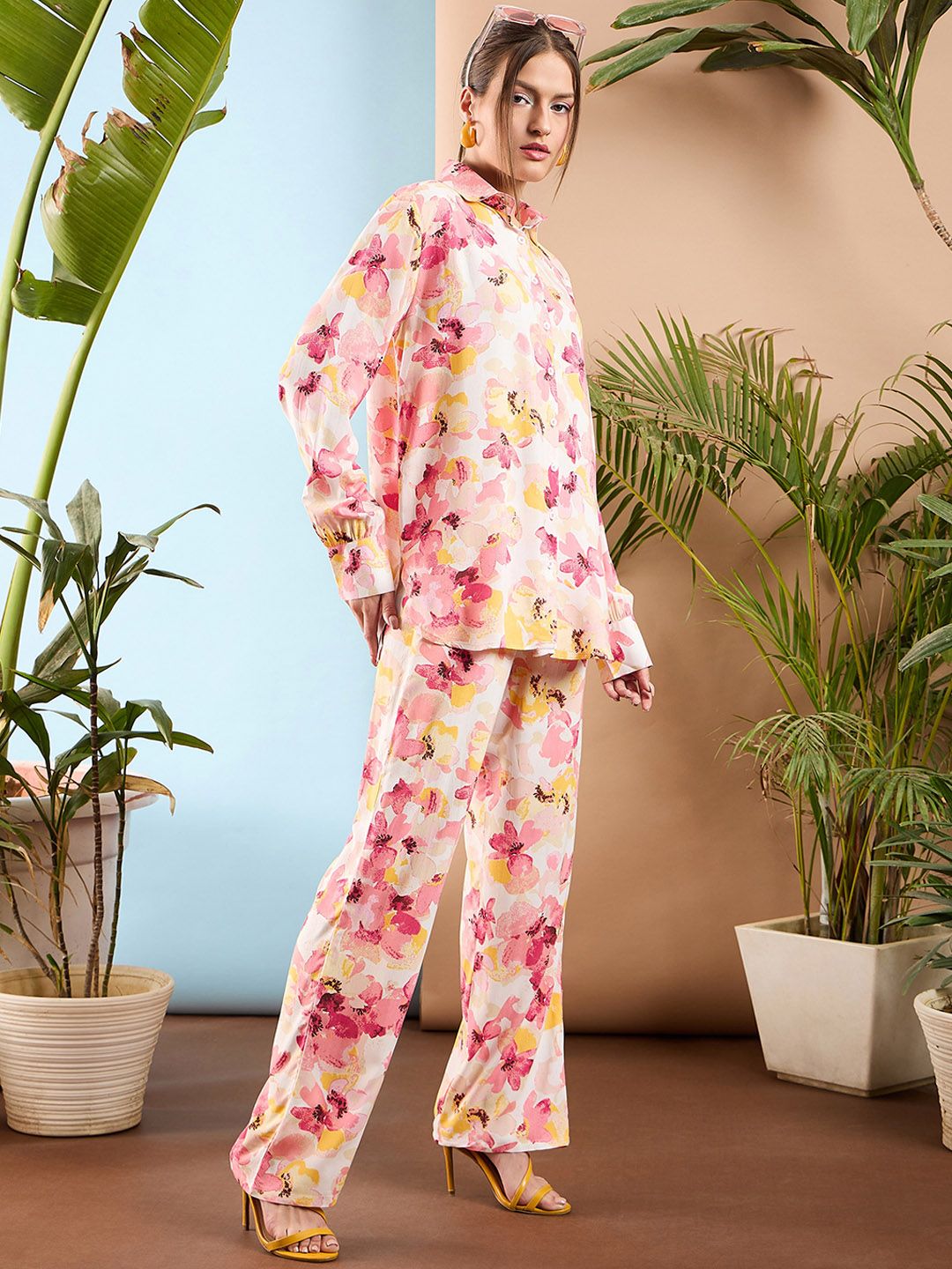 SASSAFRAS Pink Floral Printed Oversize Shirt & Trousers