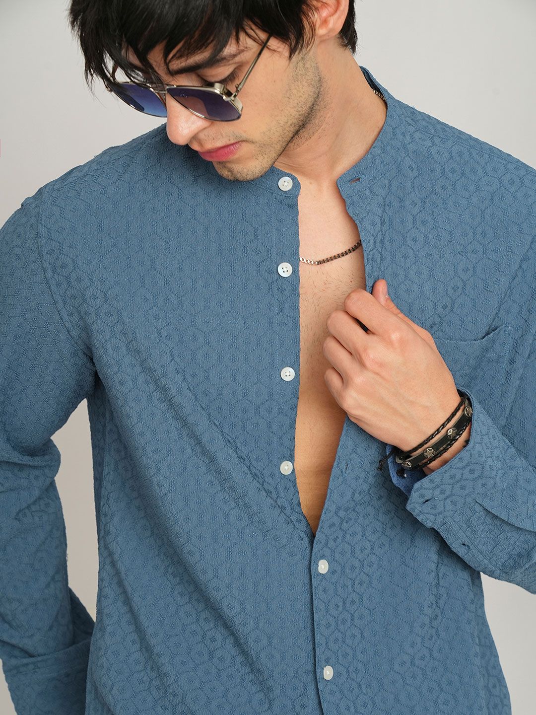 VASTRADO Men Classic Band Collar Textured Slim Fit Casual Shirt