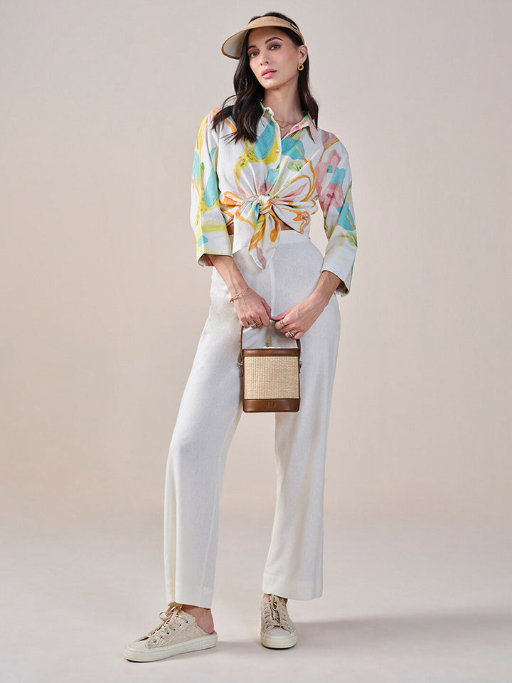 AND Print Shirt Collar Styled Back Top
