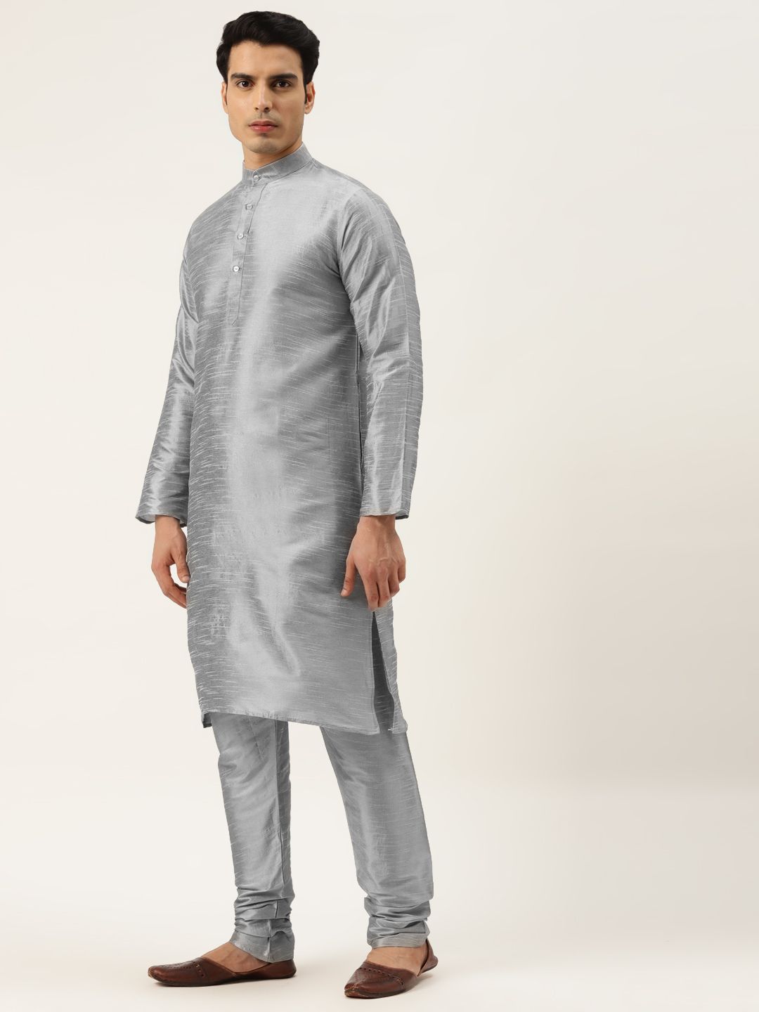 SOJANYA Men Grey & Rust Orange Kurta with Churidar