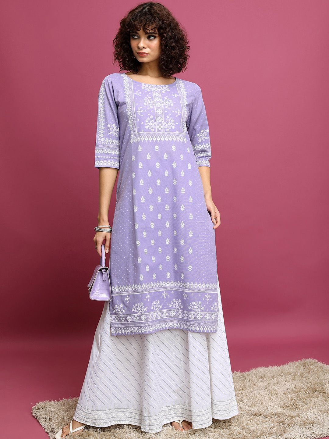 Vishudh Lavender Motif Etnik Bercetak Leher Bulat Kurta Tulen Kapas &amp; Skirt