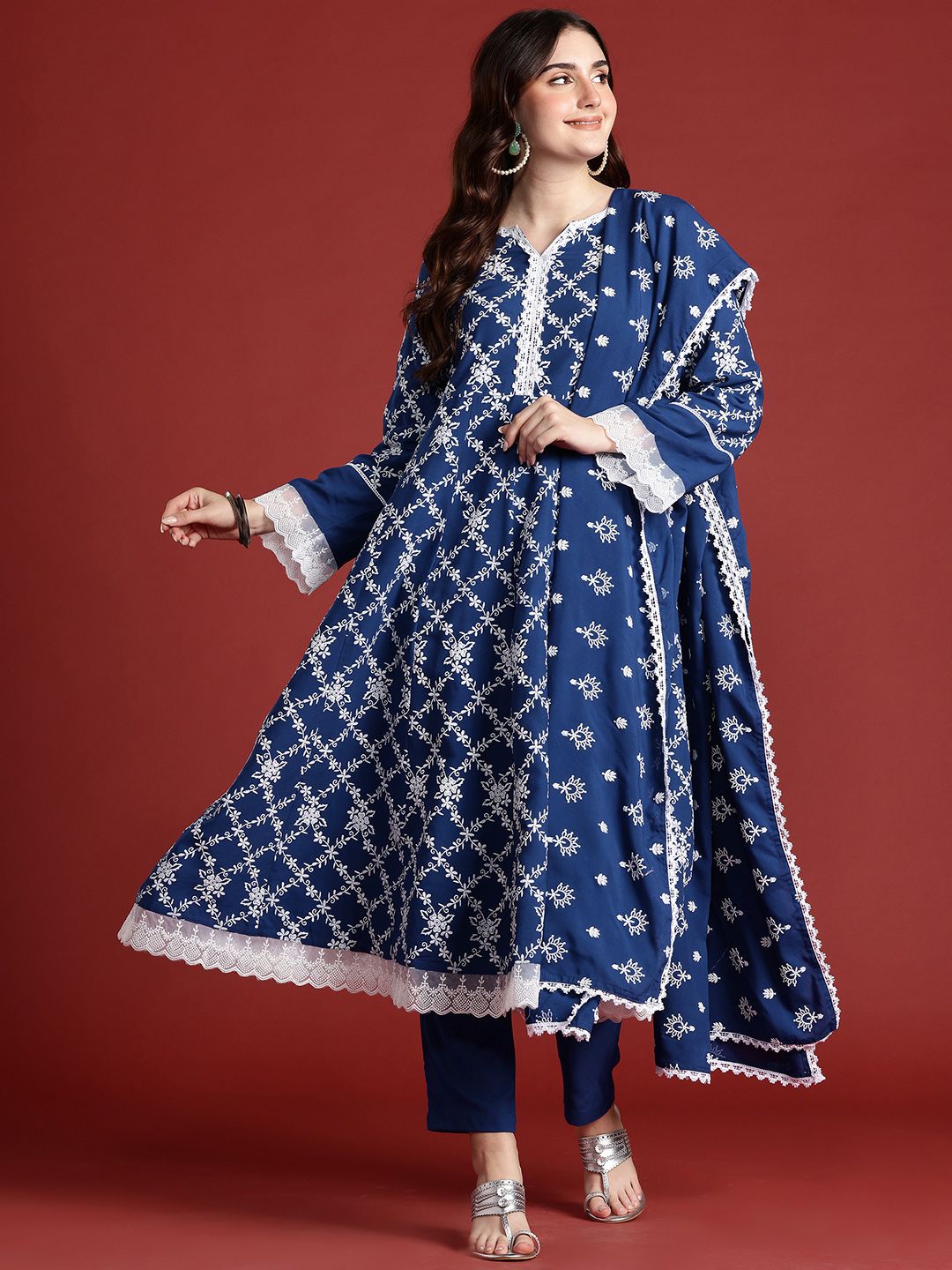 Anouk Floral Print Kurta with Trousers & Dupatta