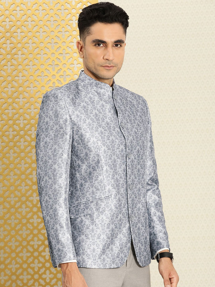 House of Pataudi Jashn Mandarin Collar Self-Design Embroidered Bandhgala Blazer