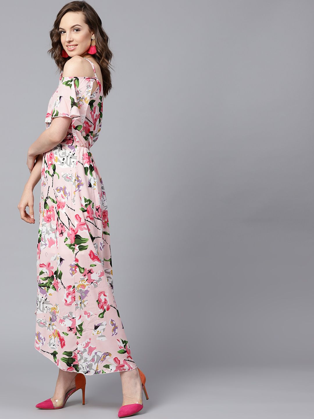 SASSAFRAS Pink Floral Printed Layered High-Low Maxi Dress