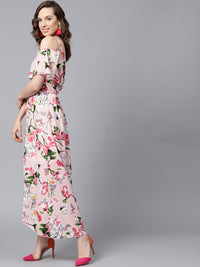 SASSAFRAS Pink Floral Printed Layered High-Low Maxi Dress