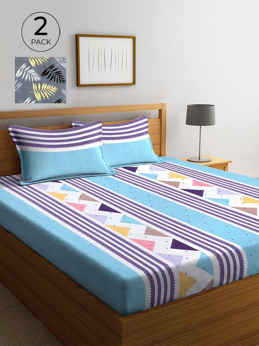 KLOTTHE Turquoise Blue Geometric Polycotton 210 TC King Fine 2 Bedsheet with 4 Pillow Covers-98 x 85 inches