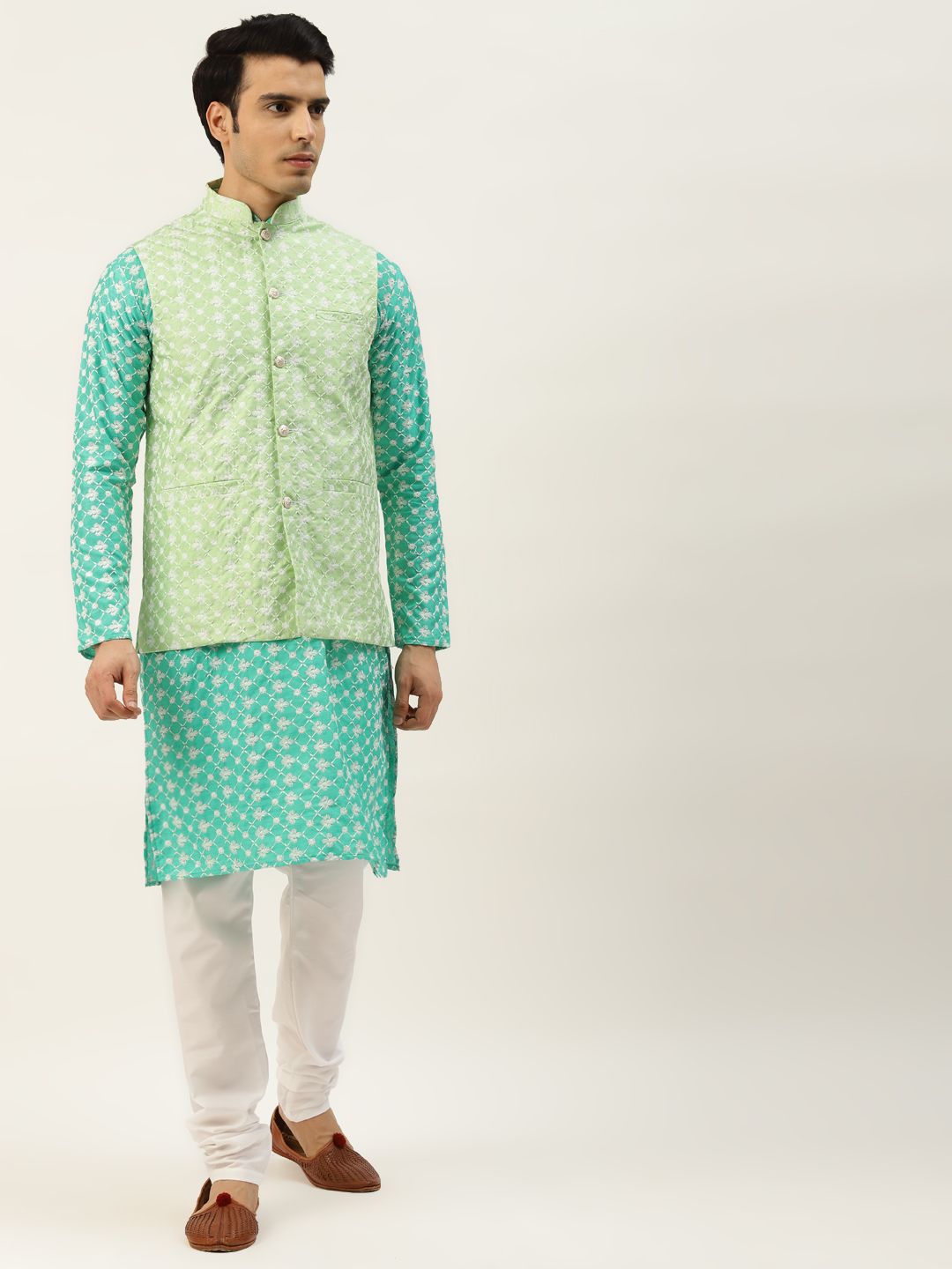 SOJANYA Lelaki Motif Etnik Hijau & Biru Sulam Kurta Churidar