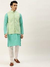 SOJANYA Lelaki Motif Etnik Hijau & Biru Sulam Kurta Churidar