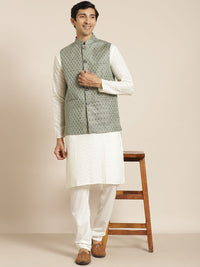 SOJANYA Men Cream-Coloured Chikankari Pure Cotton Kurta with Churidar & Nehrujacket
