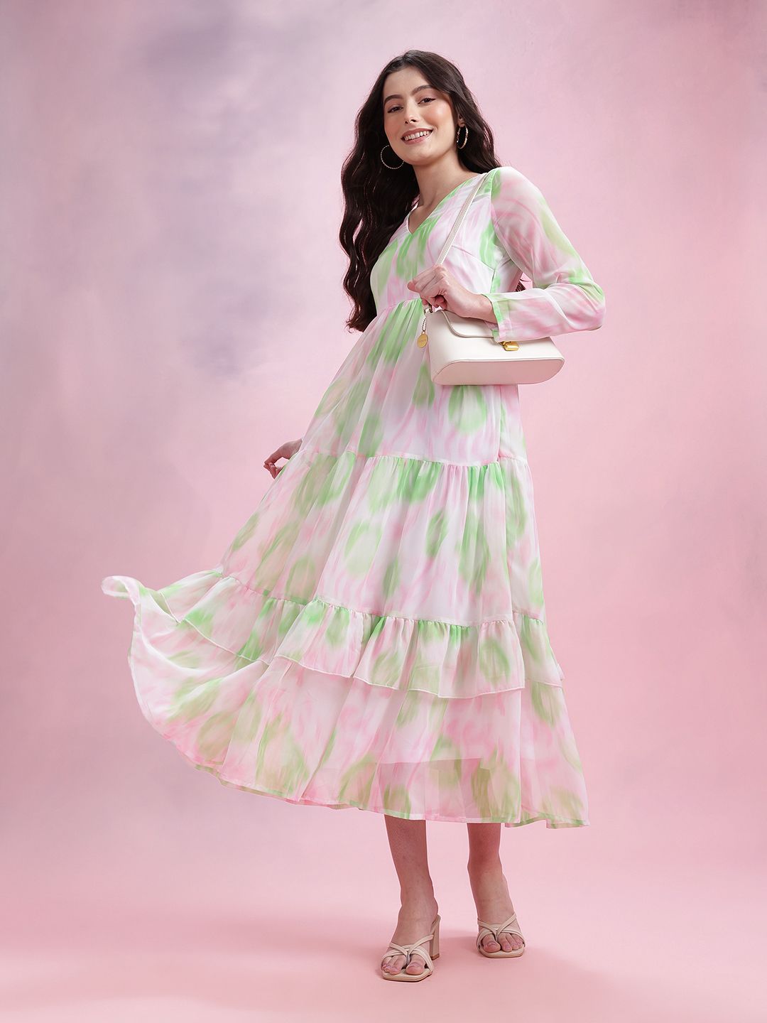 DressBerry Printed Ruffled A-Line Tiered Midi Dress