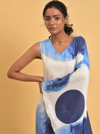 W Blue & White Tie and Dye Dyed Batwing Sleeve A-Line Midi Dress
