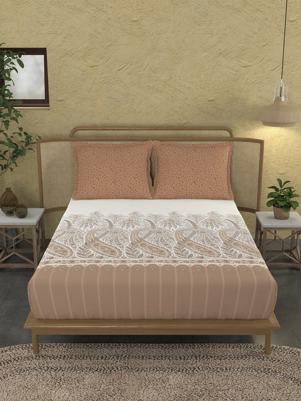 MYTRIDENT Brown & White Ethnic Motifs Cotton 144 TC King Bedsheet With 2 Pillow Covers