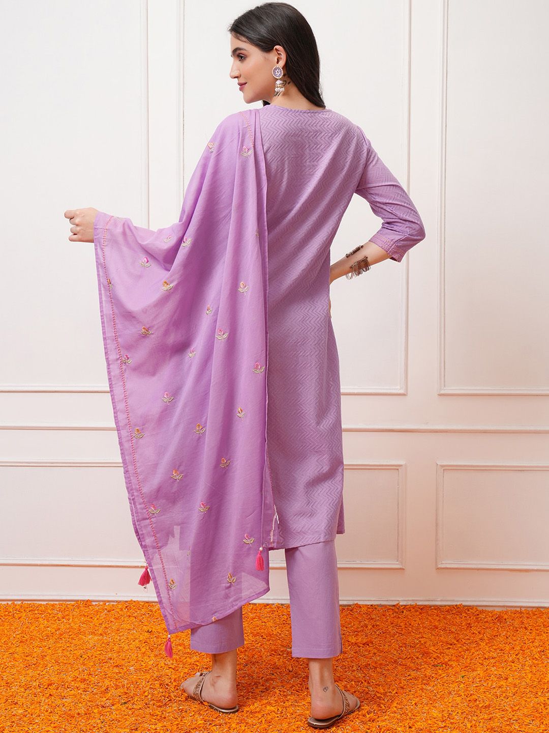 Vishudh Regular Thread Work Pure Cotton Kurta with Trouser & Dupatta