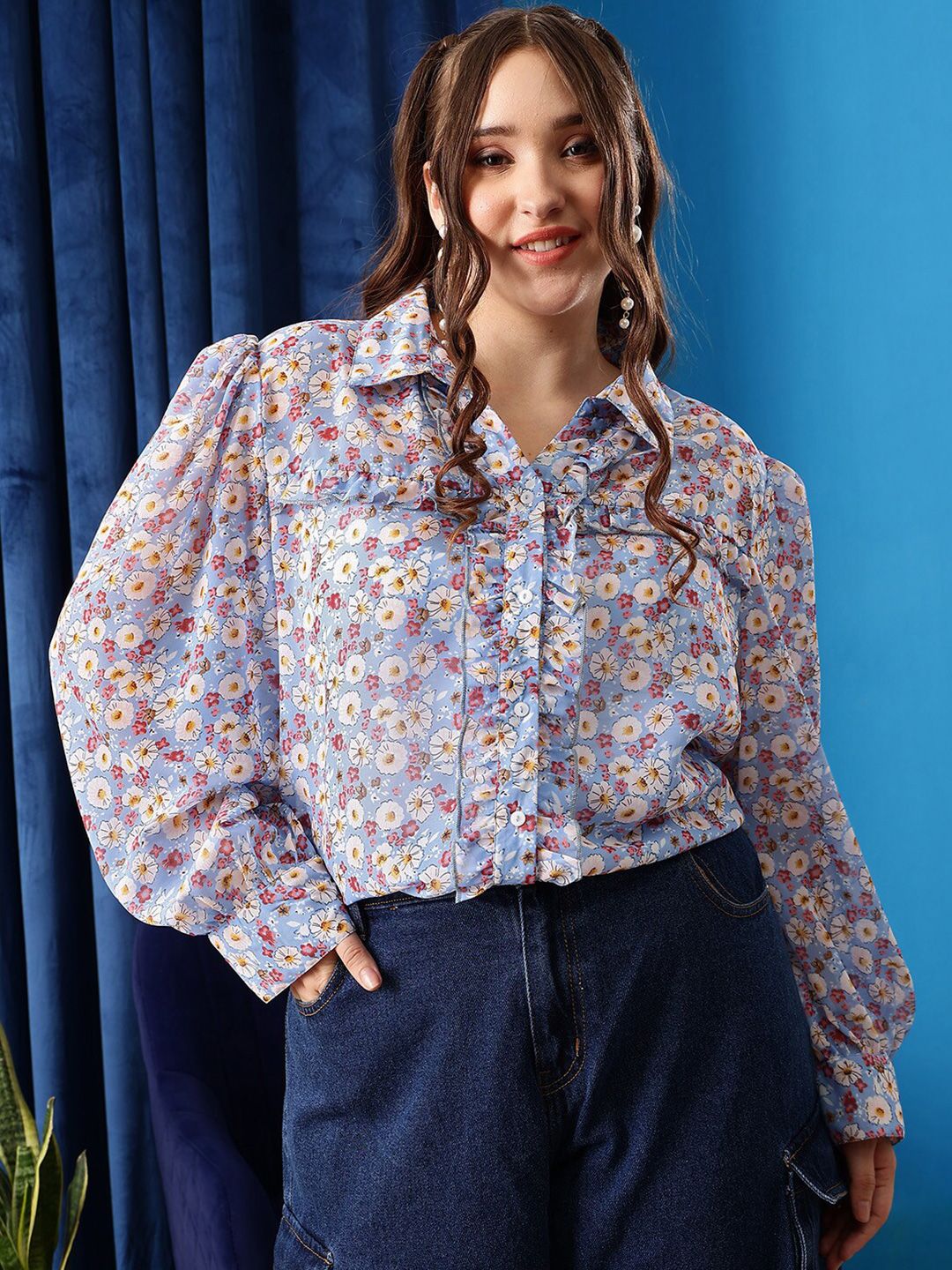 CURVY STREET Plus Size Floral Printed Shirt Collar Cuffed Sleeves Shirt Style Top Shirt