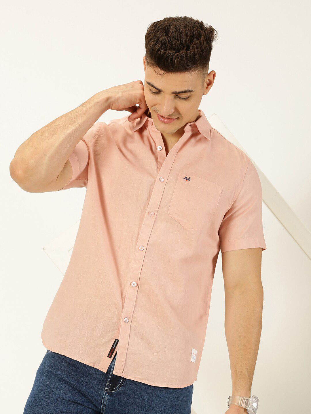 Thomas Scott Classic Cotton Linen Slim Fit Short Sleeves Casual Shirt