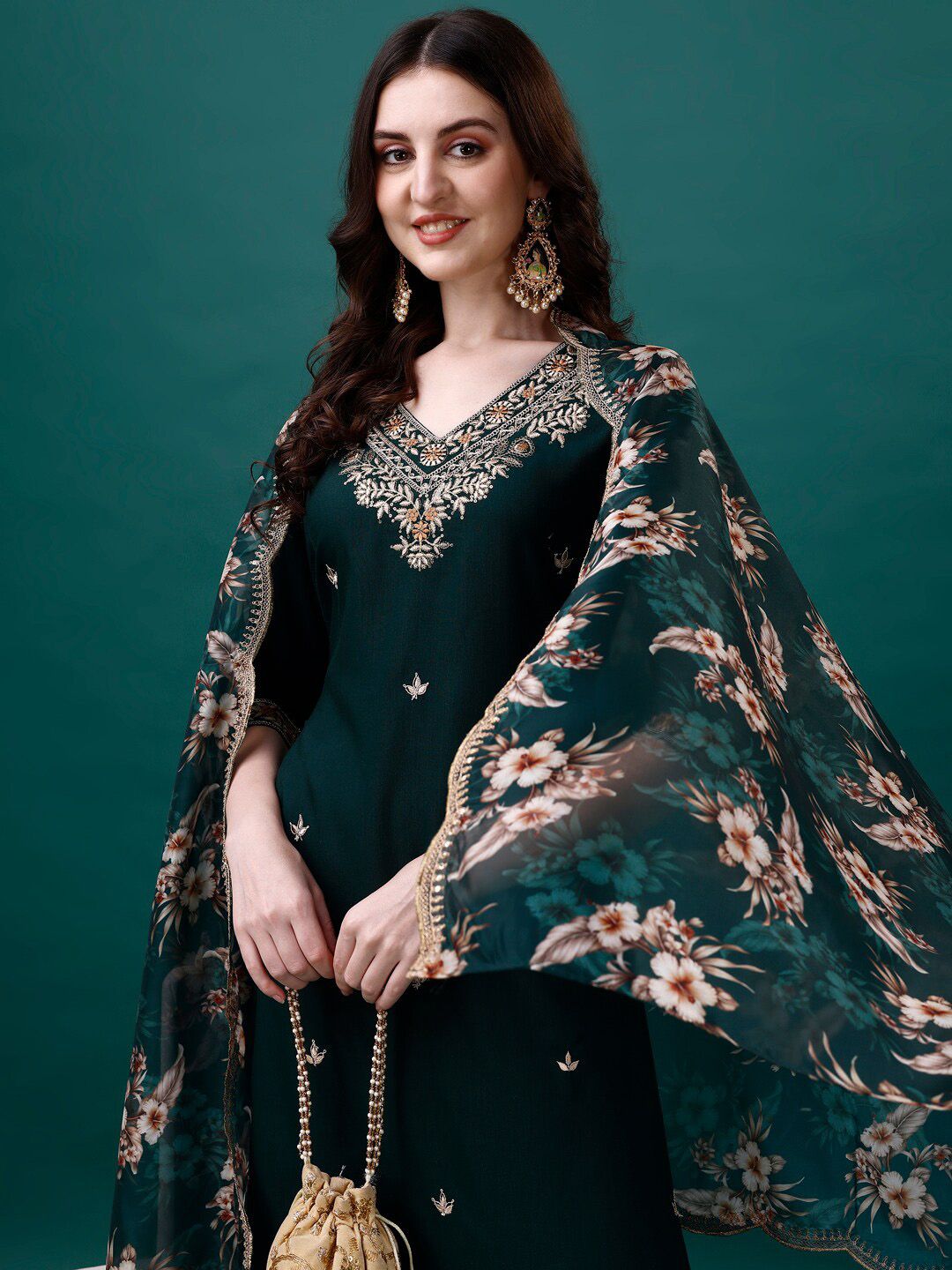 KALINI Floral Embroidered Sequinned Kurta & Trousers With Dupatta