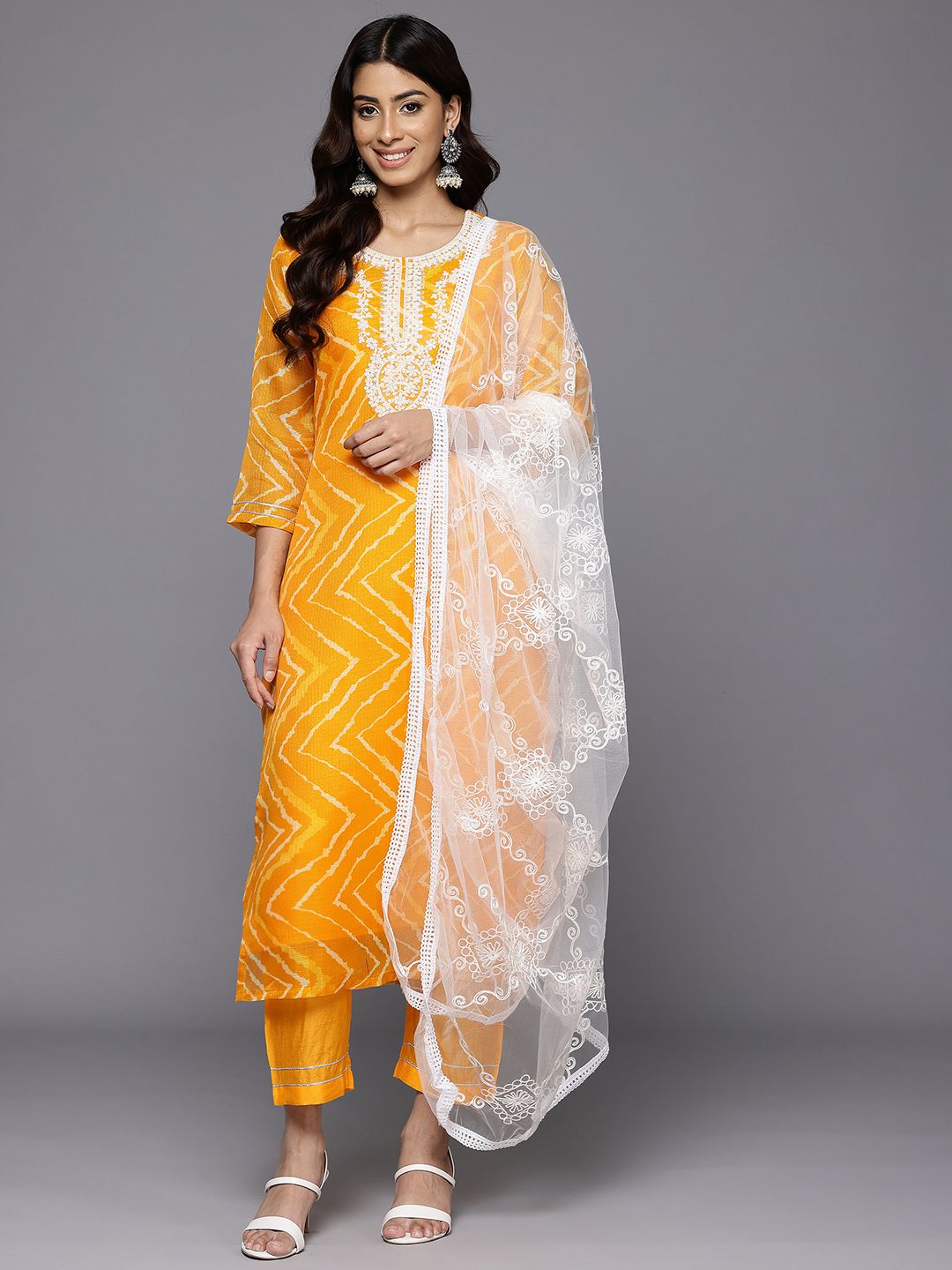 Varanga Printed Thread Work Sequinned Kurta With Trousers & Dupatta