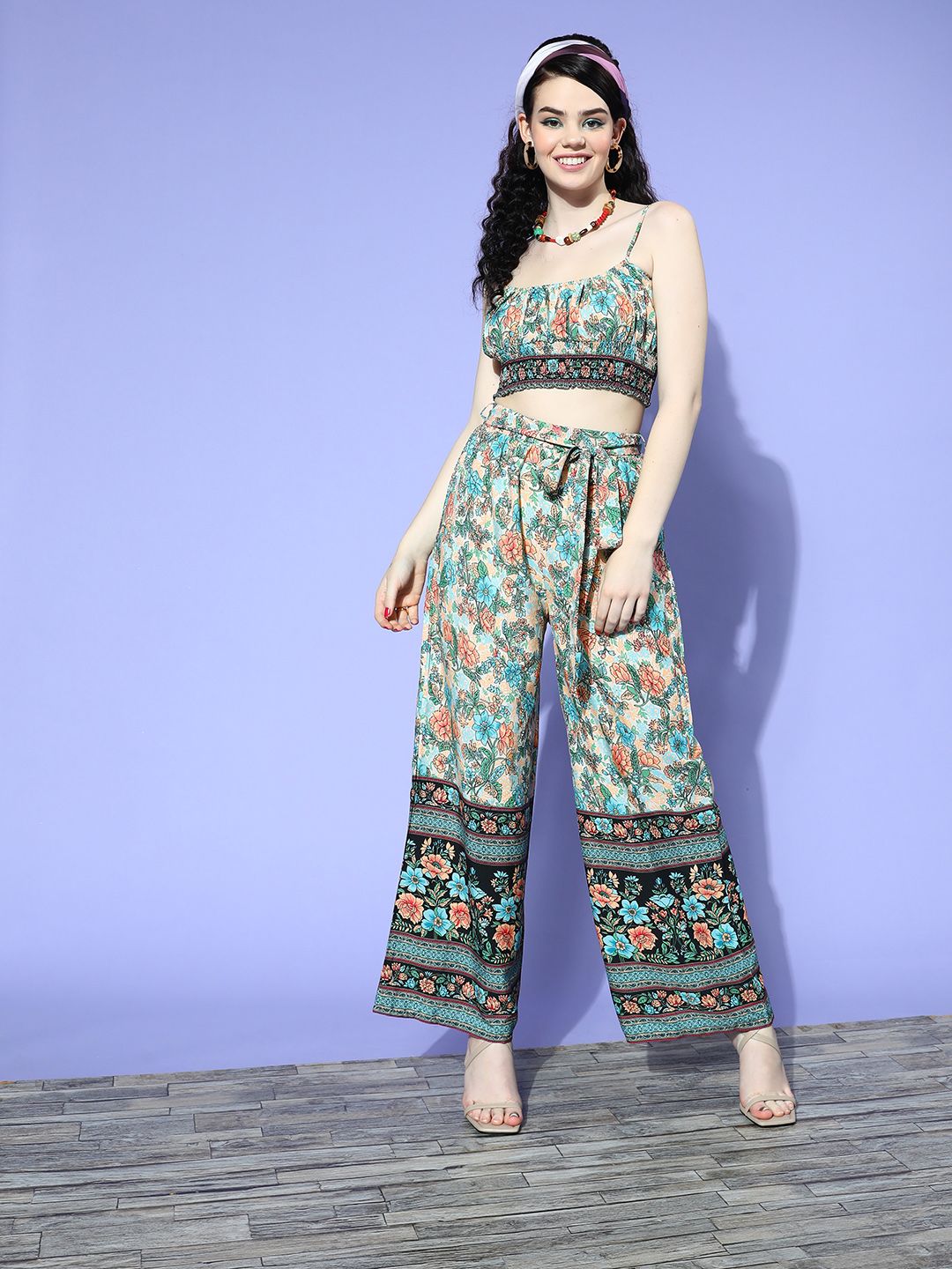 Berrylush Women Lovely Multi-Coloured Printed Top with  Palazzos