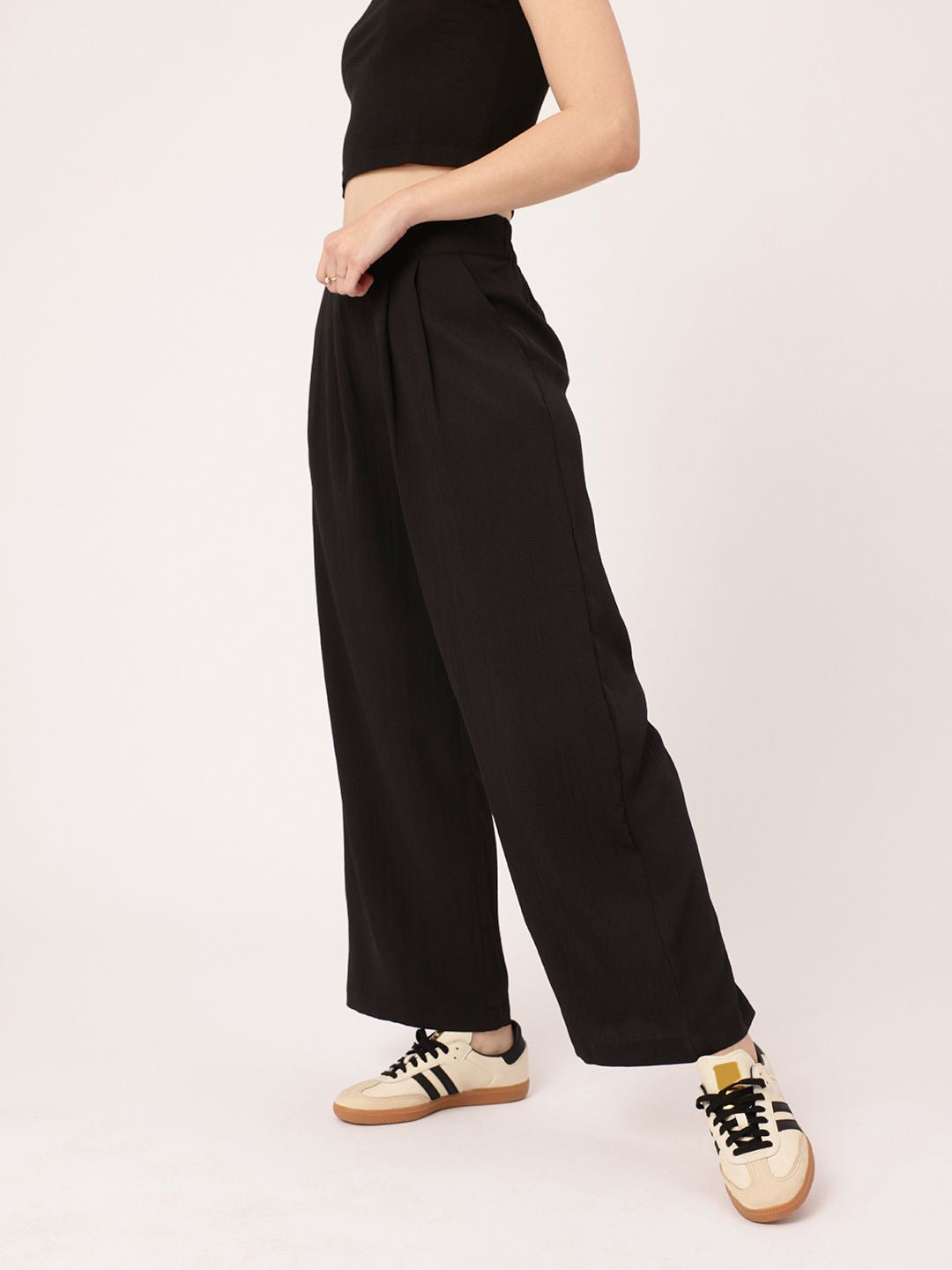 DressBerry Women Melancholic Chic Seersucker Textured Pleated High-Rise Parallel Trousers