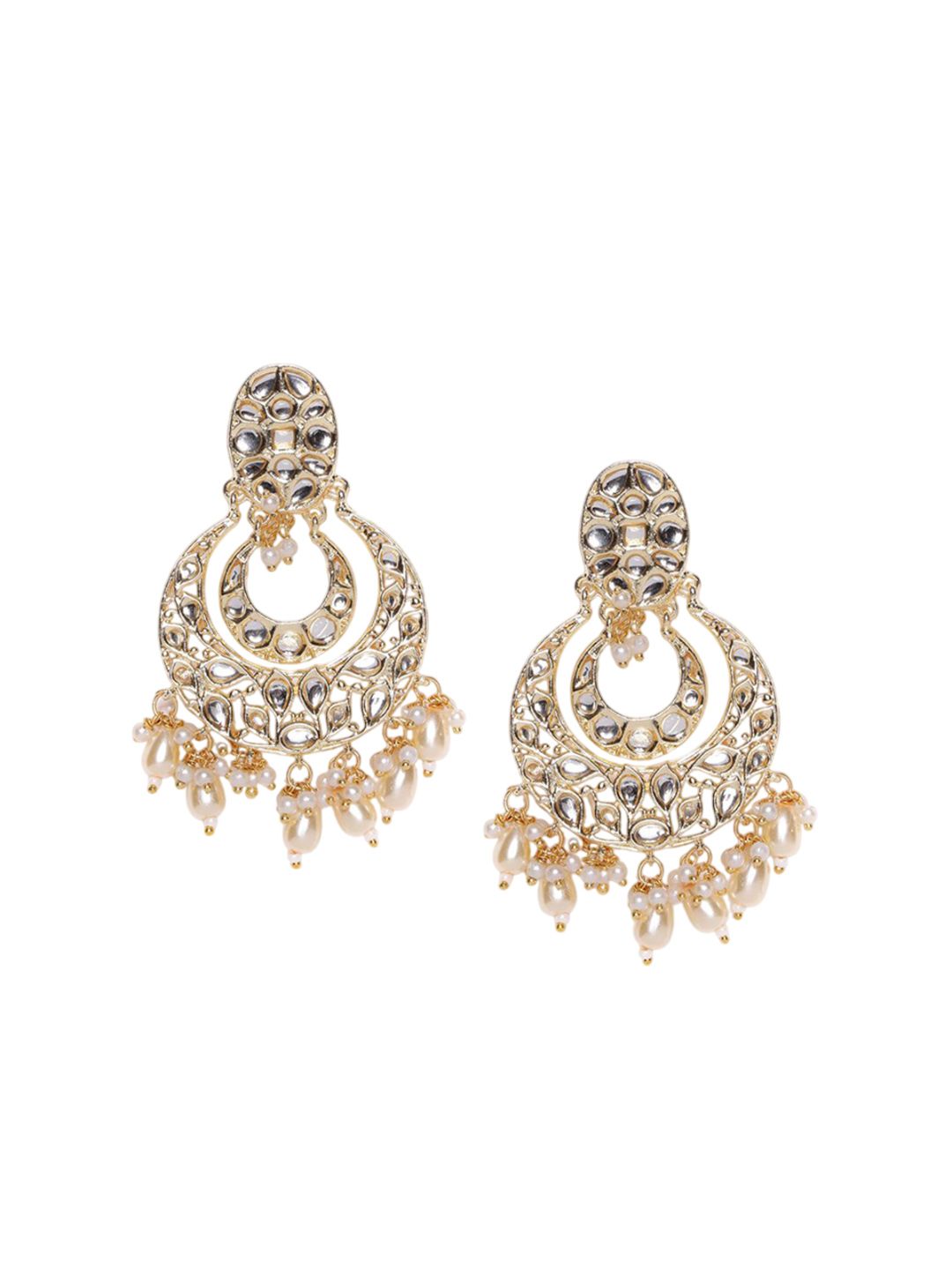 PANASH Gold-Plated Artificial Stones Studded and Beaded Contemporary Shaped Drop Earrings
