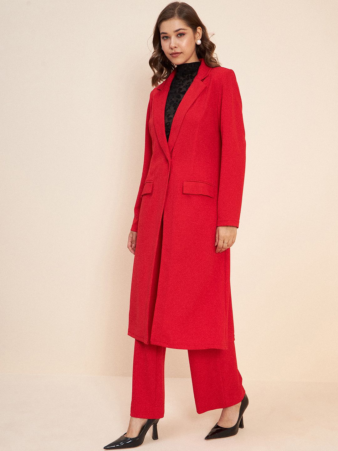Antheaa Red Shawl Neck Long Line Coat & Trousers Co-Ords Set