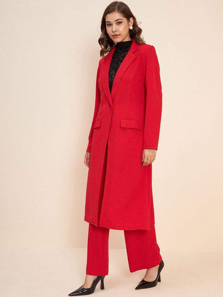 Antheaa Red Shawl Neck Long Line Coat & Trousers Co-Ords Set