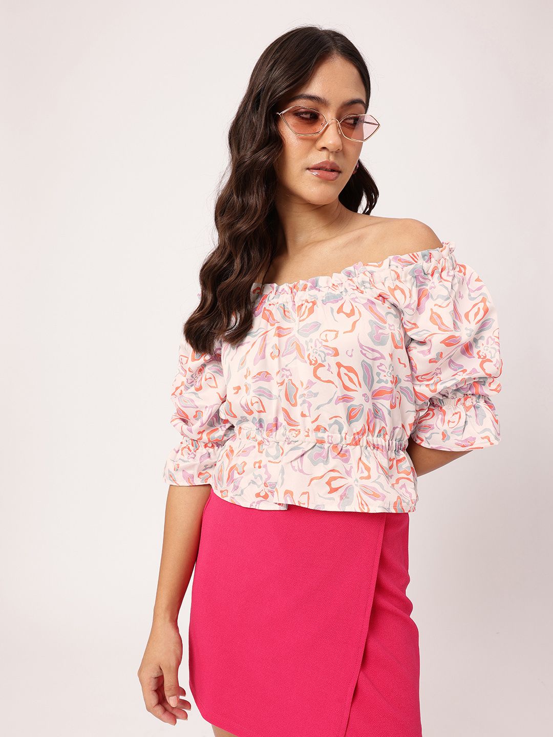 DressBerry Dramatic Touch Floral Printed Off-Shoulder Peplum Crop Top