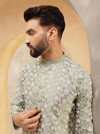 Anouk Green Floral Embroidered Mandarin Collar Kurta With Pyjama