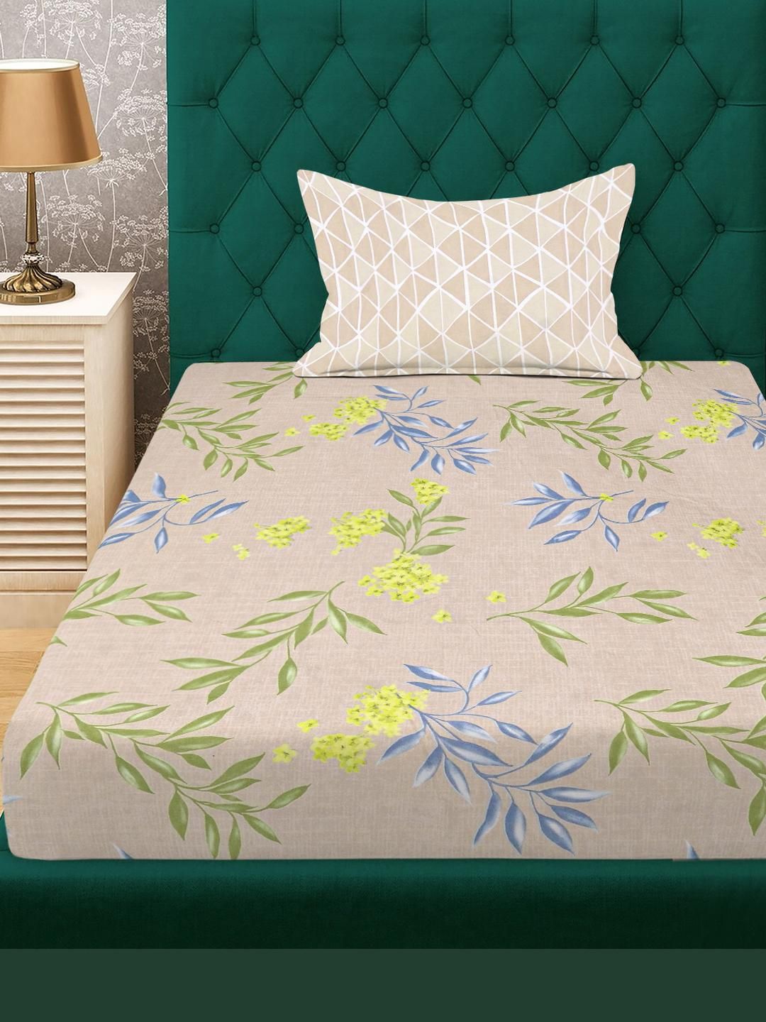 KLOTTHE Beige & Green Floral 300 TC Fitted Single Bedsheet with 1 Pillow Cover