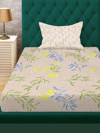 KLOTTHE Beige & Green Floral 300 TC Fitted Single Bedsheet with 1 Pillow Cover