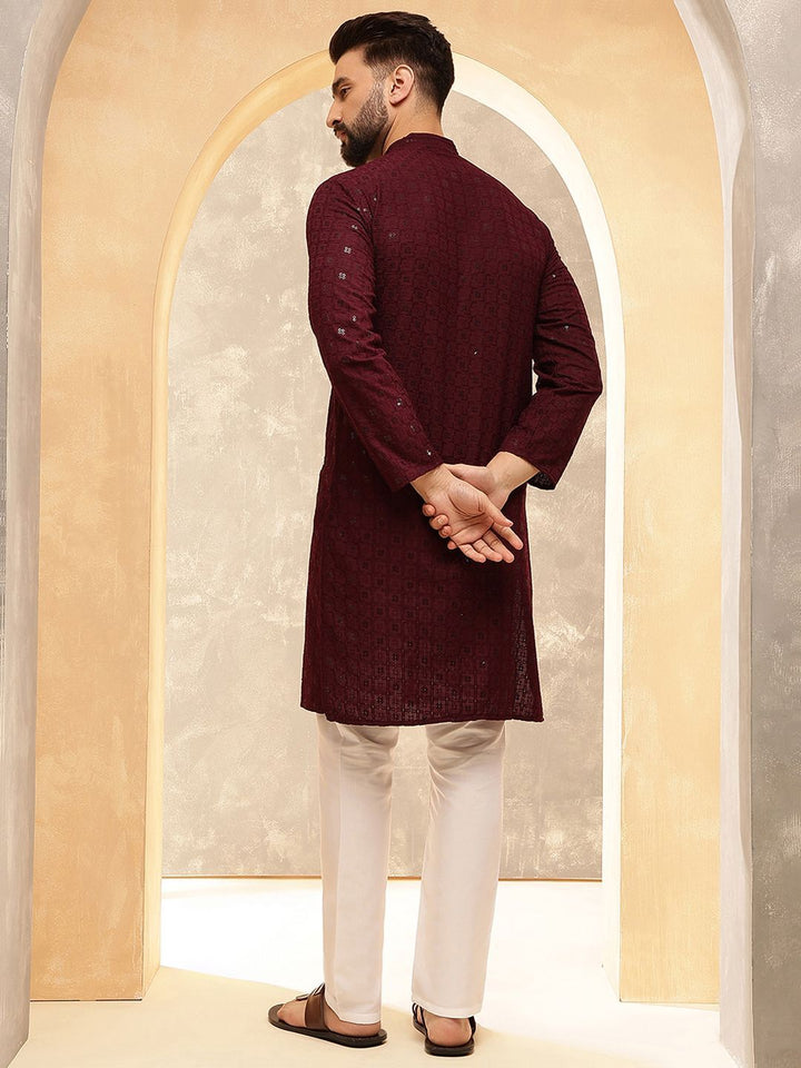 Anouk Wine Geometric Embroidered Sequinned Mandarin Collar Pure Cotton Kurta With Pyjama