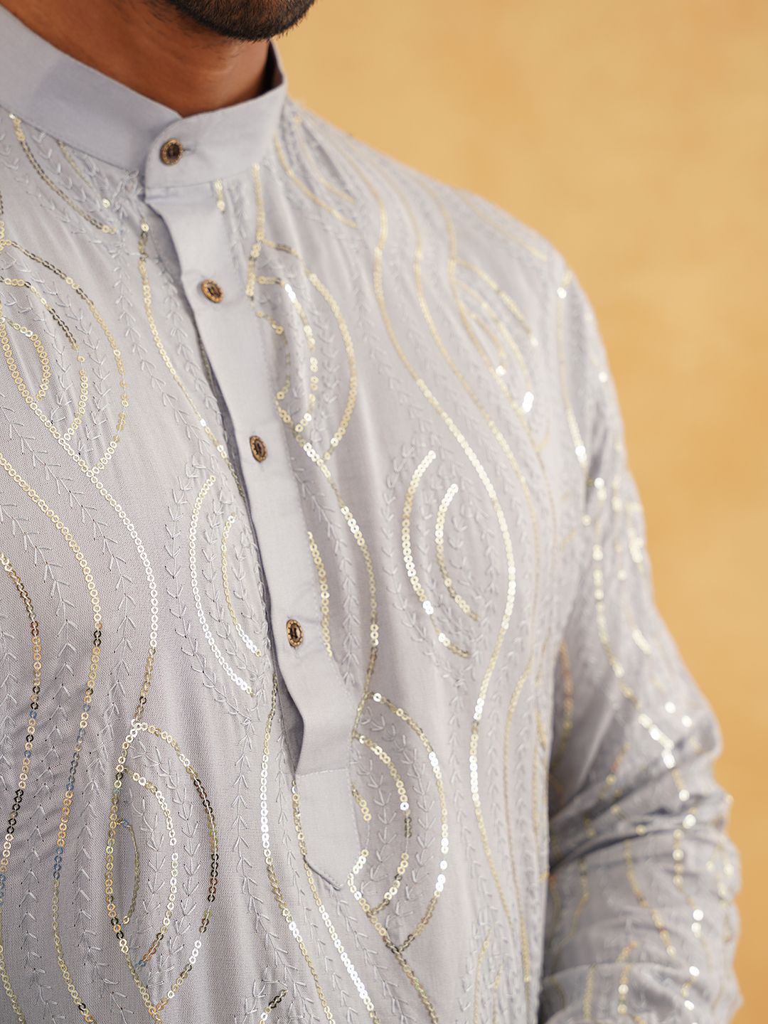 SOJANYA Woven Design Embroidered Sequinned  Band Collar Pure Cotton Kurta With Pyjama