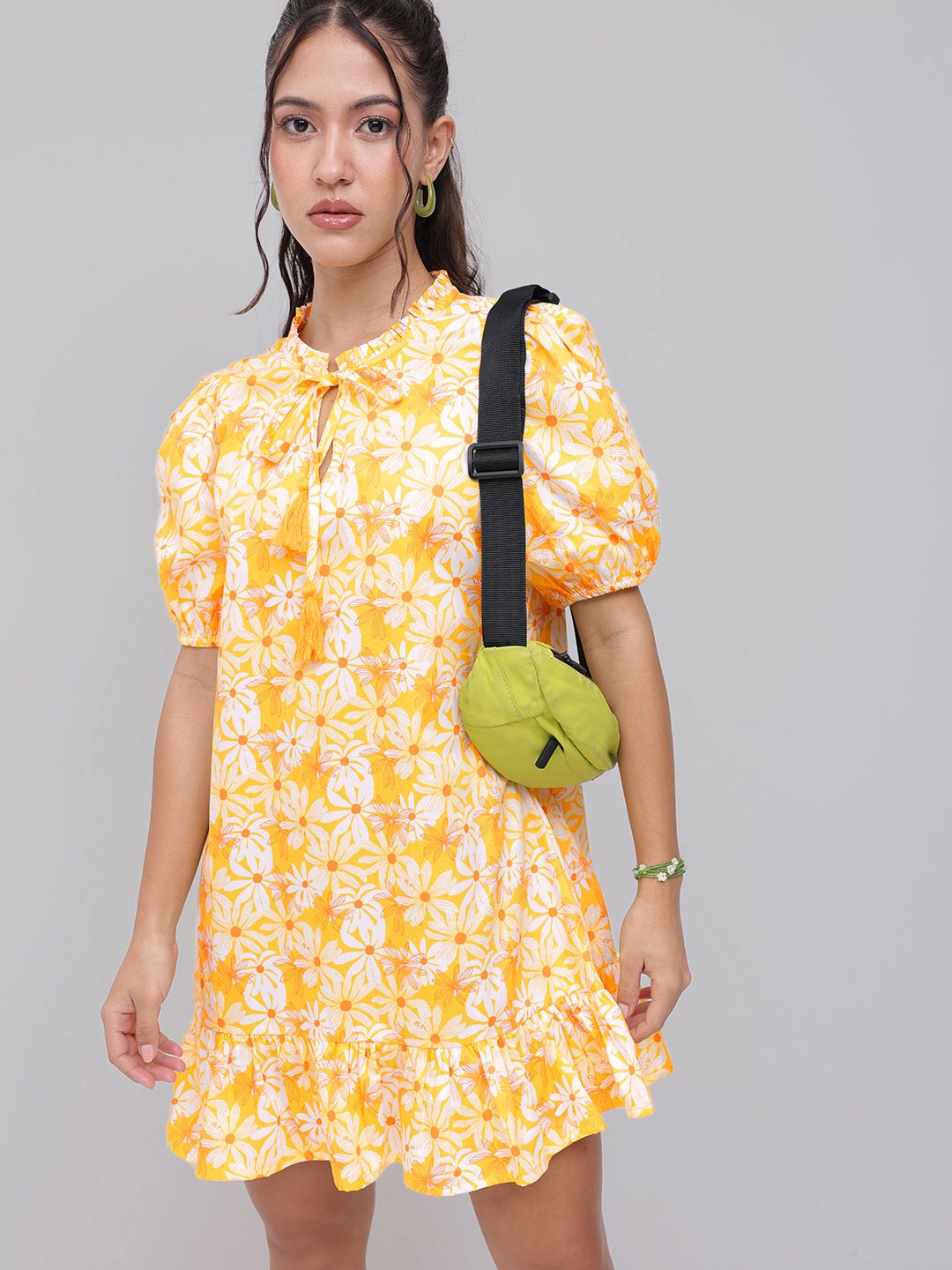 DressBerry Sunny Cheerful Blooms Puff Sleeves A-Line Dress
