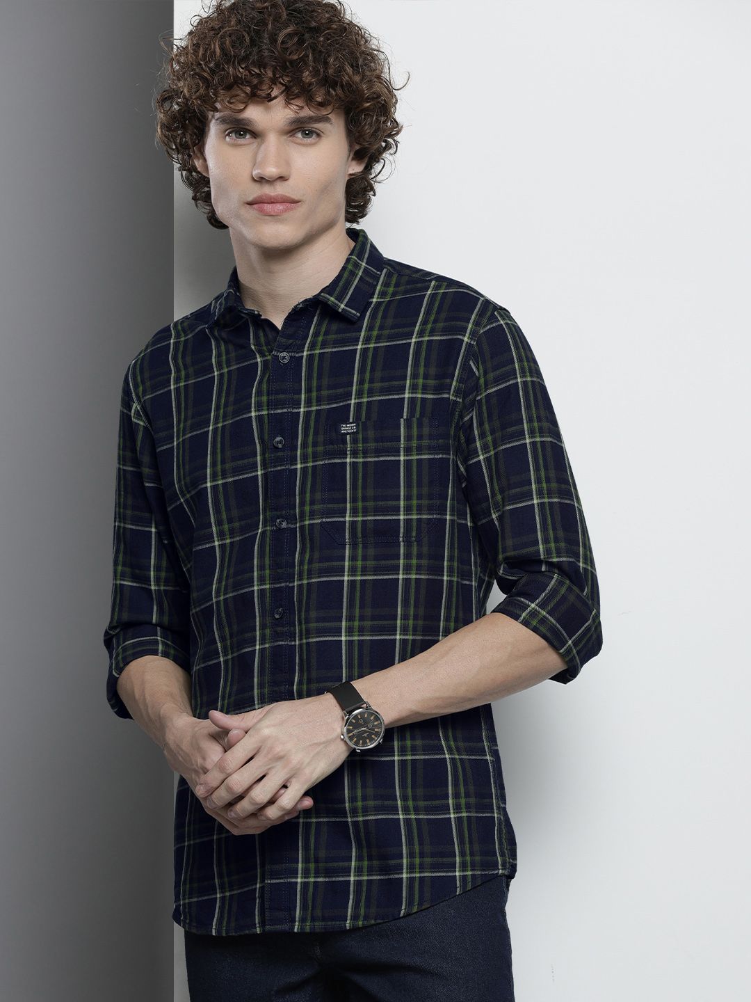 The Indian Garage Co Men Navy Blue & Green Checked Casual Shirt