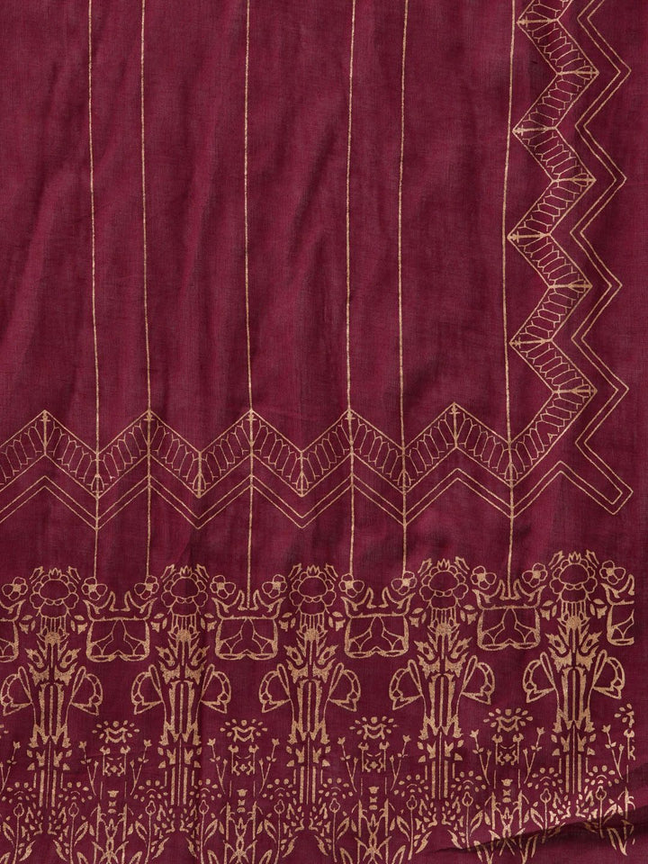 Indo Era Women Burgundy Printed Regular Kurta with Trousers & With Dupatta